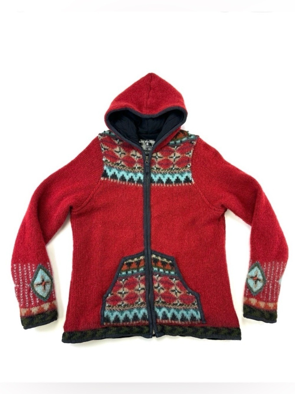 Nepal wool hippie hoodie Large sweater jacket kanga pockets zip front lined